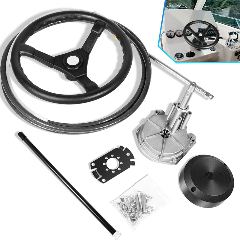Fishing Boat Steering Wheel - ボートステアリングシステム、15フィートケーブル船外ステアリングキット、3/4インチ標準テーパーシャフトと13.5インチステアリングホイール付き